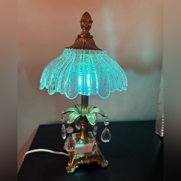 VINTAGE BOHEMIA GLASS CRYSTALS, BRASS/MARBLE BOUDOIR LAMP ~12”H USA MADE - Picture 5 of 16